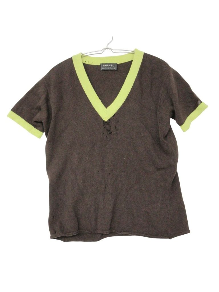 Chanel Knit Cashmere V-Neck Sweater Short Sleeve Pullover Top Brown Lime Yellow